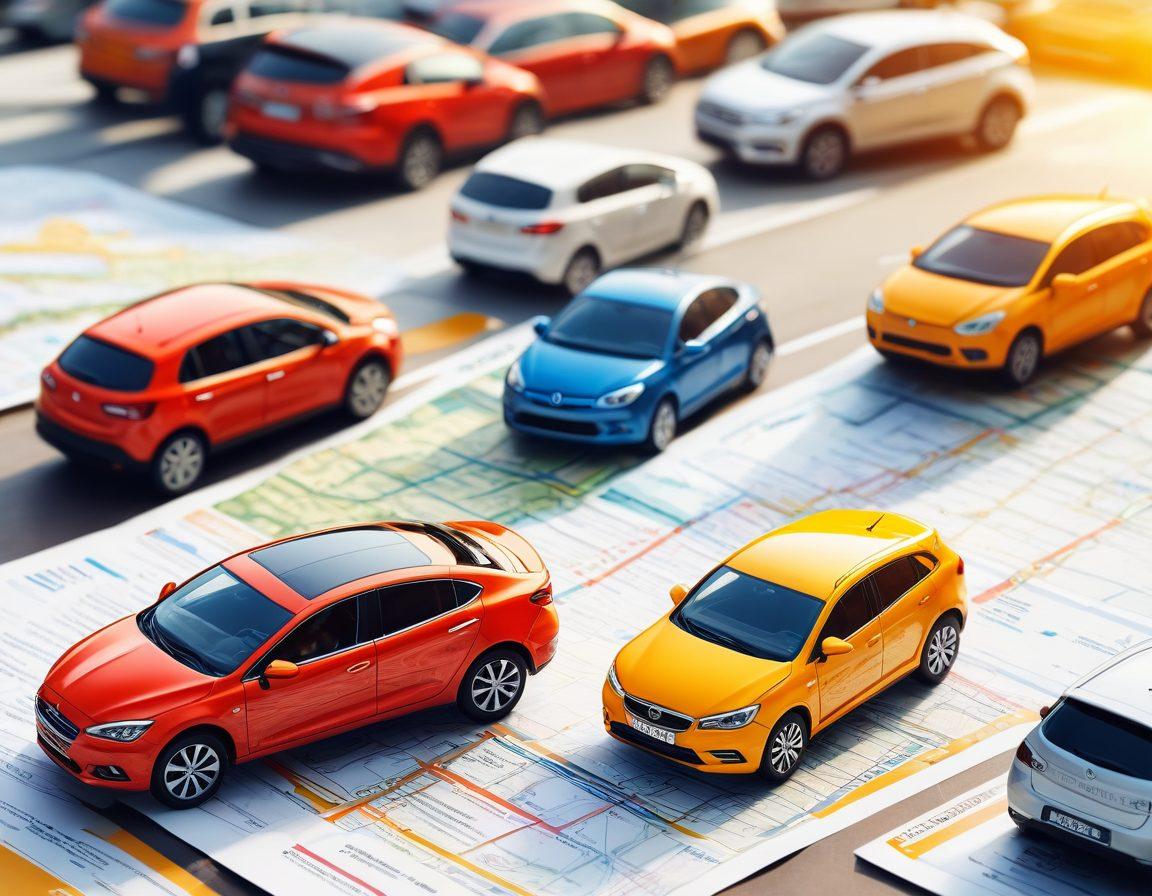 A vibrant collage showcasing various low-cost car insurance options, featuring smiling drivers examining policy documents, cars of different shapes and sizes parked in a sunlit urban setting. Include visual elements depicting coins and savings, a road map flowing in the background, and friendly insurance agents assisting drivers. Emphasize a warm, inviting atmosphere. super-realistic. vibrant colors.