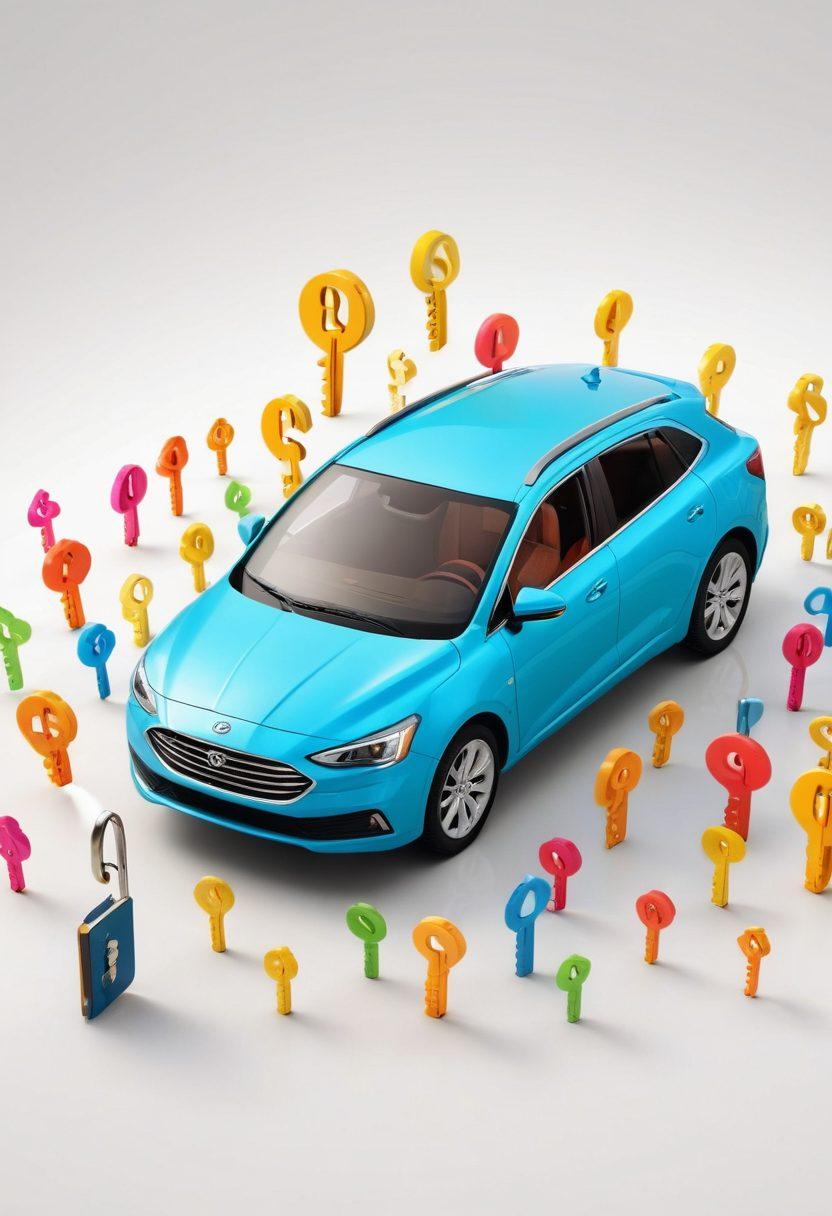 A visual representation of a key unlocking a car with dollar signs surrounding it, symbolizing affordable car insurance secrets. Include a serene background of a diverse family happily discussing their car insurance options. Use bright, inviting colors to create a sense of positivity and ease. The key should have text elements showing 'Budget-Friendly' as part of the design. super-realistic. vibrant colors. white background.
